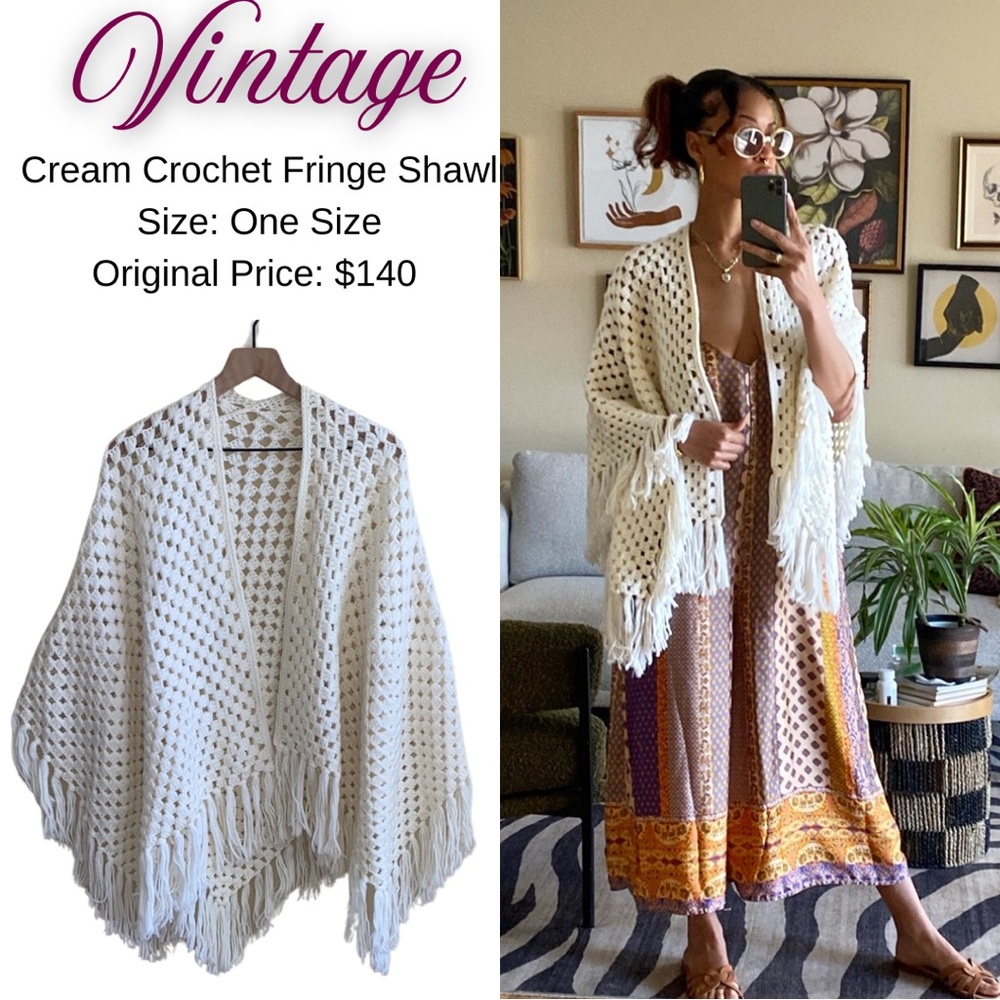 Cream Crochet Fringe Shawl